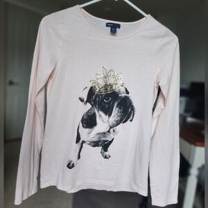 Gap Pale Pink Long Sleeve Tee with French Bulldog and Tiara Size XXL 14-16